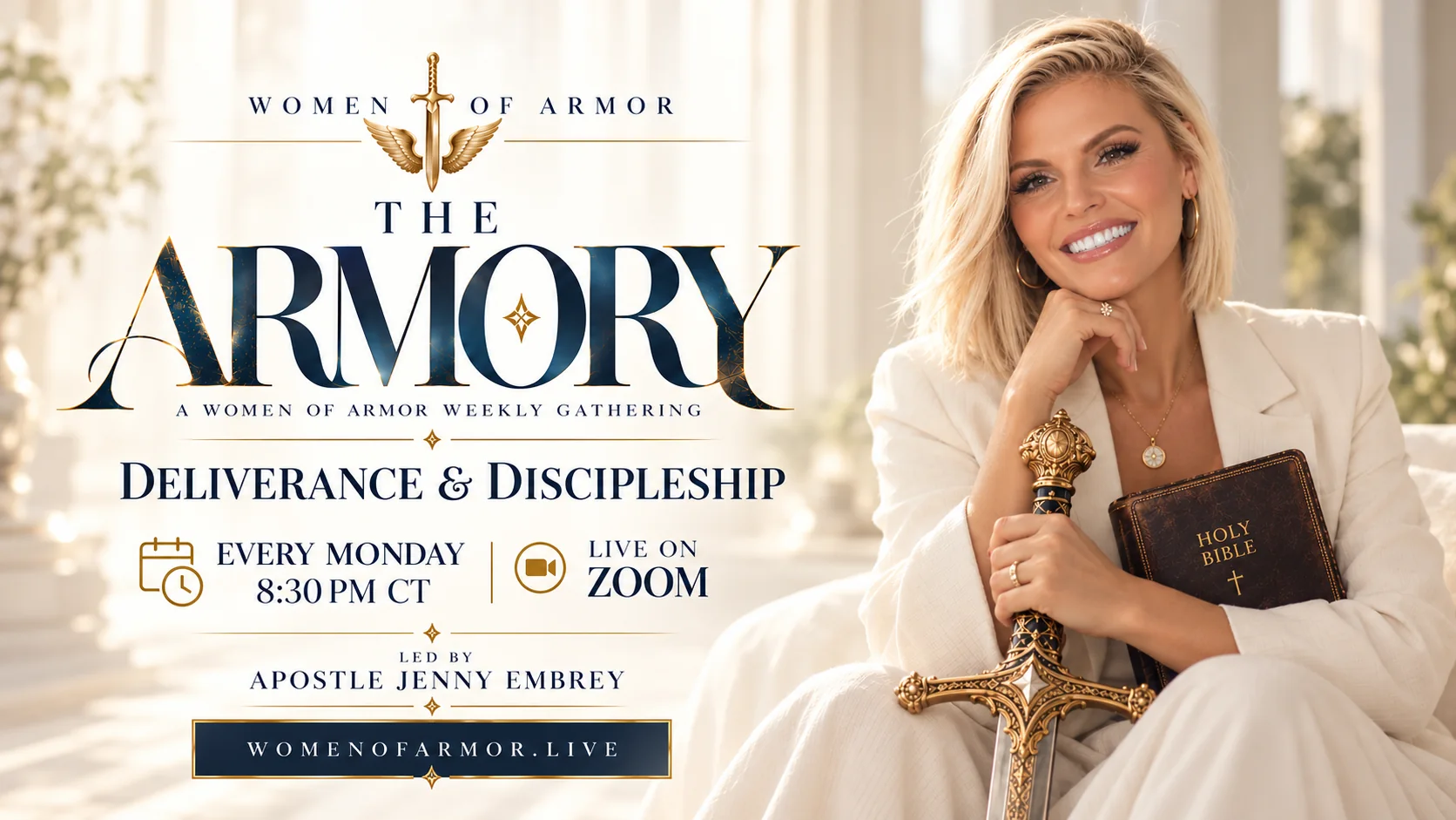 Women of Armor The Armory website hero featuring Apostle Jenny Embrey, the Women of Armor logo, and gathering details for Monday nights on Zoom.